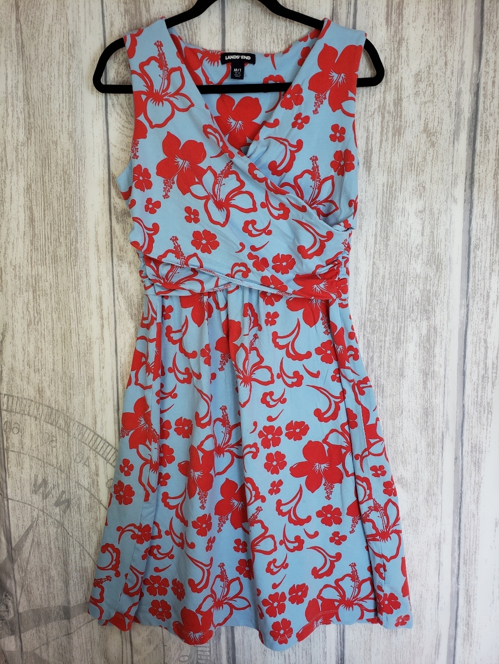 Lands' End sleeveless surplice wrap Cotton knit dress Hibiscus Mddium Tall C23